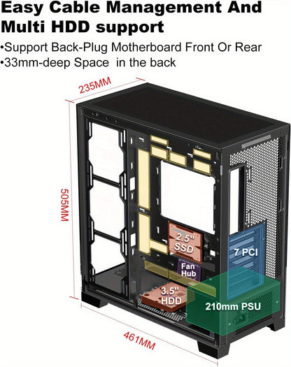 ATX Mid Tower Gaming PC Case with Tempered Glass